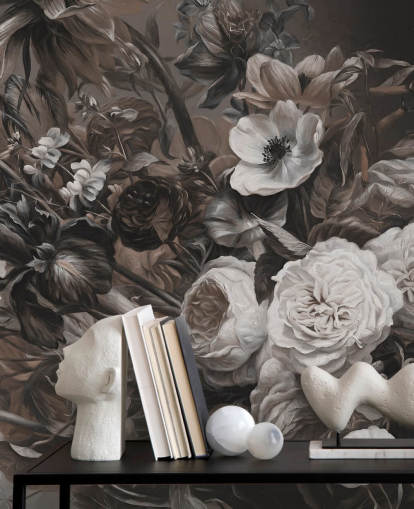 mural de pared floral oscuro con ramo de flores