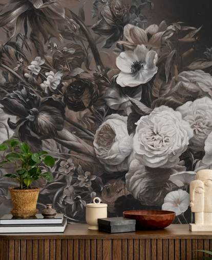 fresque murale florale foncée avec bouquet de fleurs