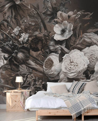 mural de pared floral oscuro con ramo de flores