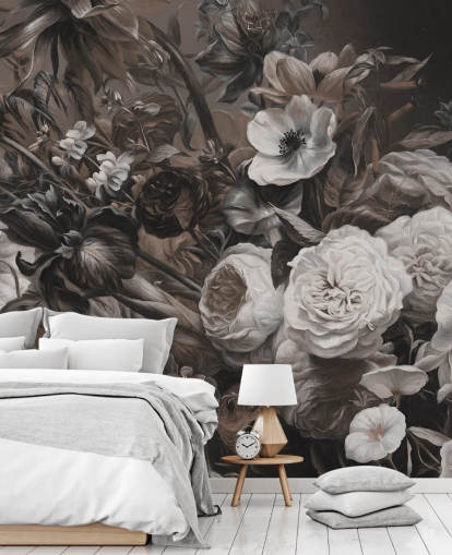 mørkt blomstervægmaleri med buket blomster