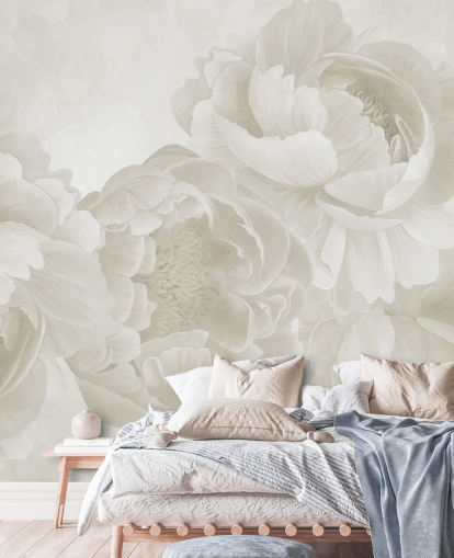 mural de papel pintado de peonías grandes en color beige