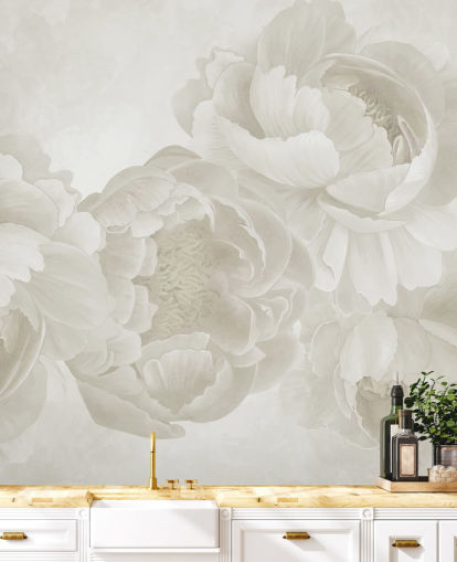 carta da parati murale con grandi peonie in beige