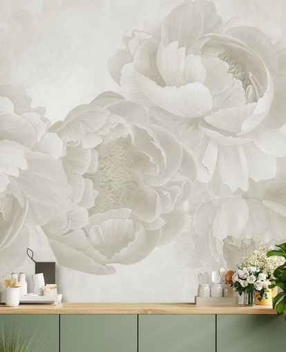 mural de papel pintado de peonías grandes en color beige