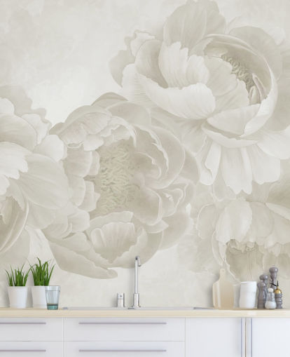 carta da parati murale con grandi peonie in beige