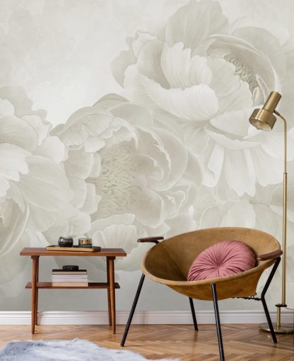 grote pioenrozen behangmuurschildering in beige