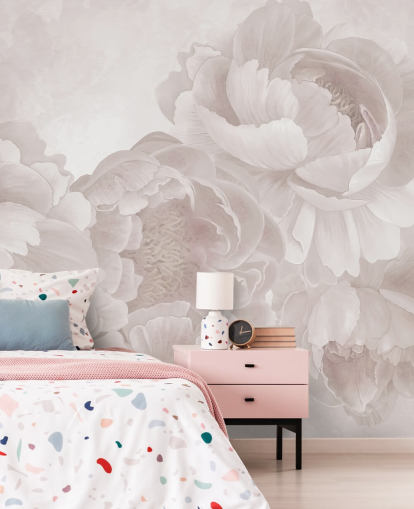 Personalisierbares Tapeten-Wandbild mit großen Pfingstrosen in Rosarot von Marina Stupakova für Schlafzimmer