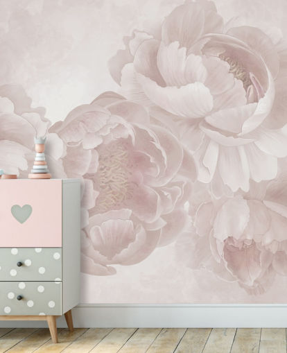 mural de papel pintado personalizable de peonías grandes de color rosa rubor de Marina Stupakova para dormitorios