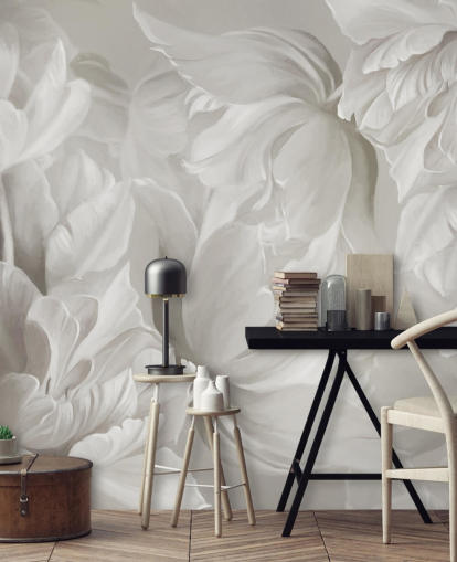 murale monocromatico personalizzabile con tulipani di Marina Stupakova per camere da letto