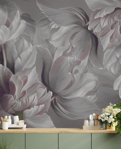 mörk blommig väggmålning med stora tulpaner