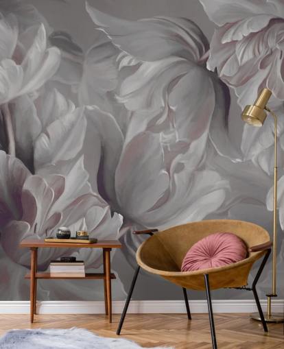 dark floral mural with big tulips