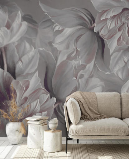 dark floral mural with big tulips