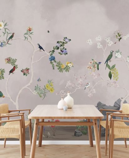 chinoiserie tapetti seinämaalaus linnuilla