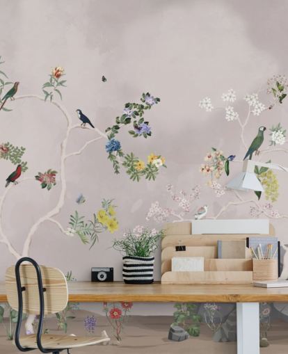 mural de papel pintado de chinoiserie con pájaros