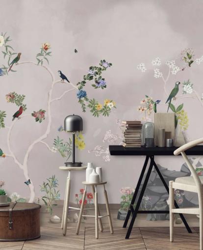 chinoiserie wallpaper mural with birds