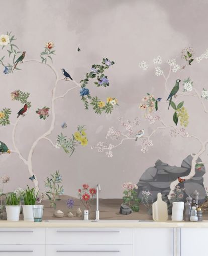 chinoiserie wallpaper mural with birds