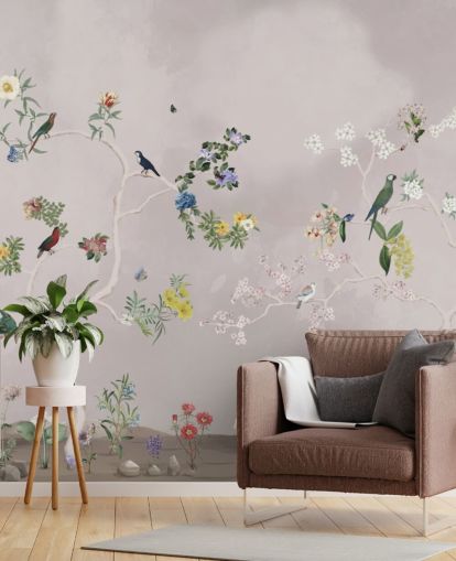 chinoiserie wallpaper mural with birds