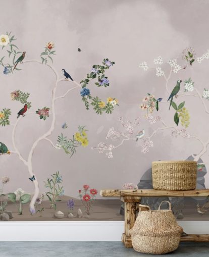 mural de papel pintado de chinoiserie con pájaros