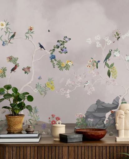 chinoiserie wallpaper mural with birds