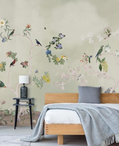 chinoiserie tapetti seinämaalaus linnuilla