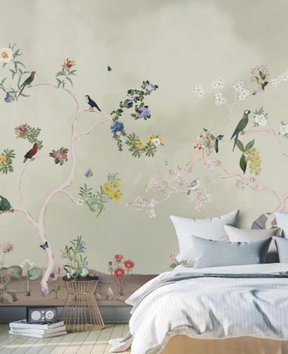 mural de papel pintado de chinoiserie con pájaros