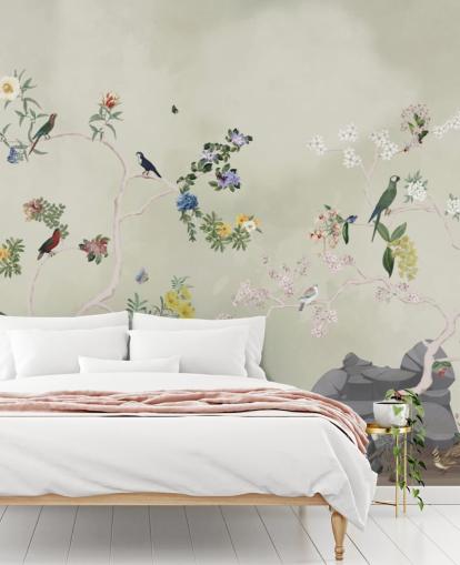 mural de papel de parede chinoiserie com pássaros mural de papel de parede chinoiserie com pássaros