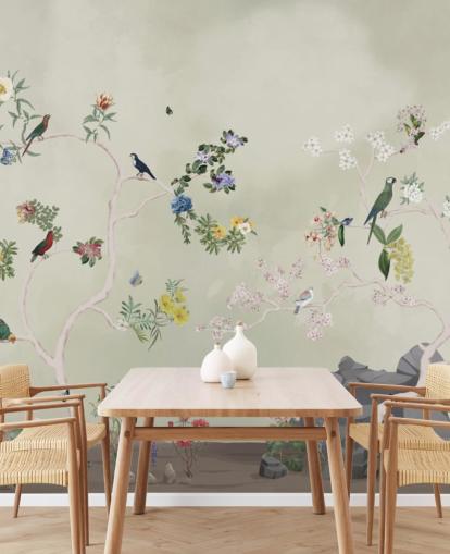 chinoiserie wallpaper mural with birds
