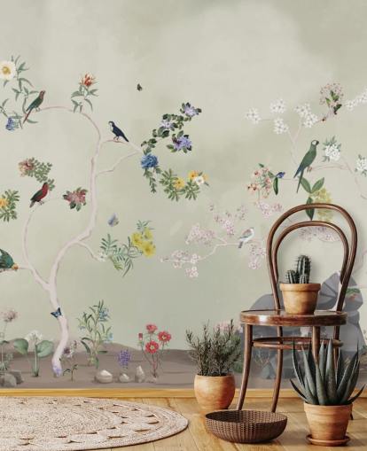 mural de papel pintado de chinoiserie con pájaros