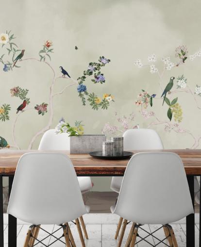 chinoiserie wallpaper mural with birds
