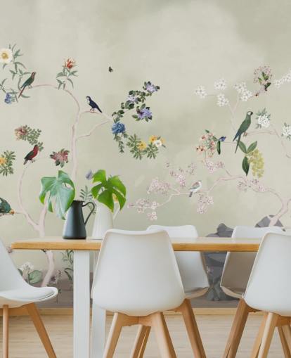 chinoiserie wallpaper mural with birds