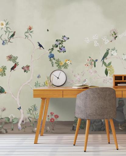 chinoiserie wallpaper mural with birds