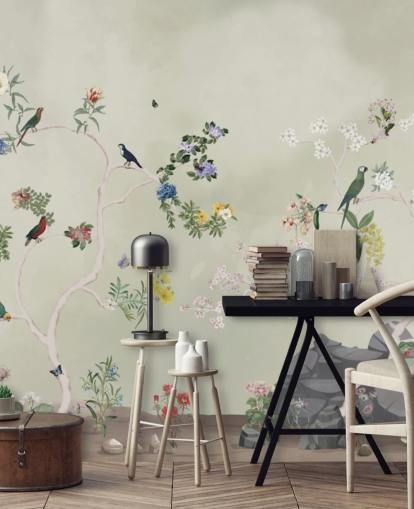 Chinoiserie-Tapetenwandbild mit Vögel