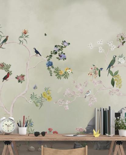 chinoiserie wallpaper mural with birds