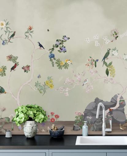 papier peint mural chinoiserie avec oiseaux
