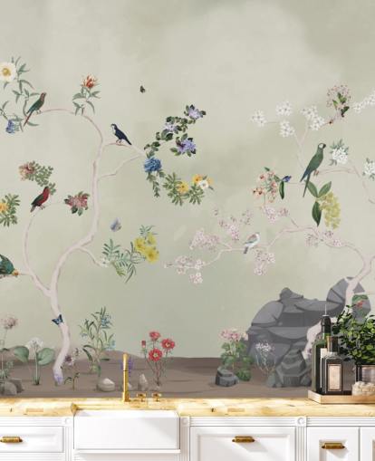 chinoiserie behangmuurschildering met vogels