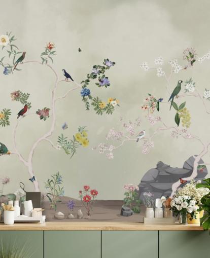 papier peint mural chinoiserie avec oiseaux