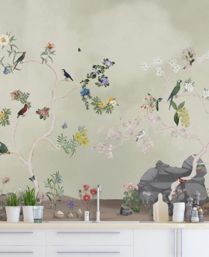 mural de papel pintado de chinoiserie con pájaros