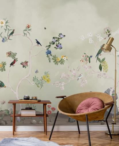 Chinoiserie-Tapetenwandbild mit Vögel