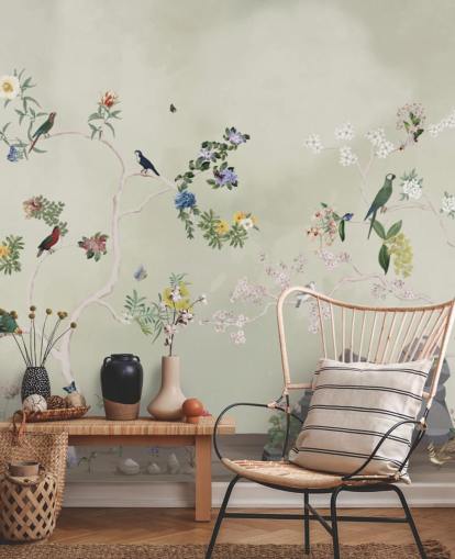 chinoiserie wallpaper mural with birds