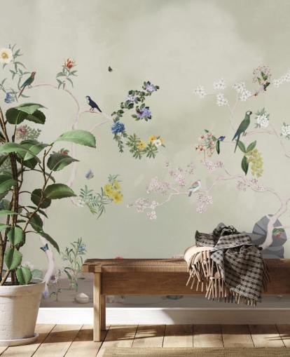 chinoiserie tapet veggmaleri med fugler chinoiserie tapet veggmaleri med fugler