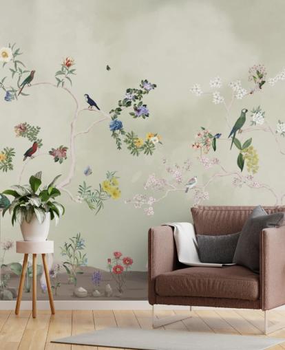 chinoiserie wallpaper mural with birds