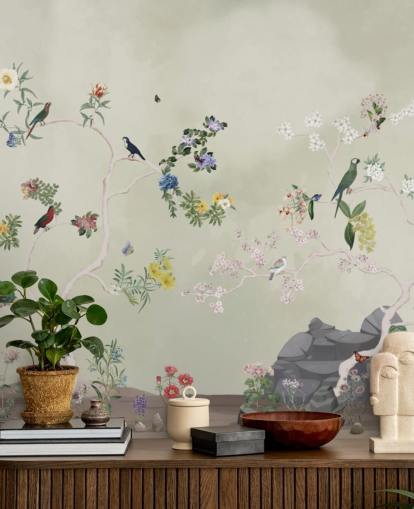 chinoiserie wallpaper mural with birds