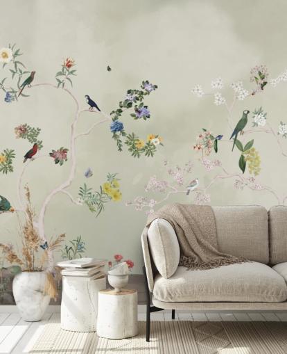 Chinoiserie-Tapetenwandbild mit Vögel Chinoiserie-Tapetenwandbild mit Vögel