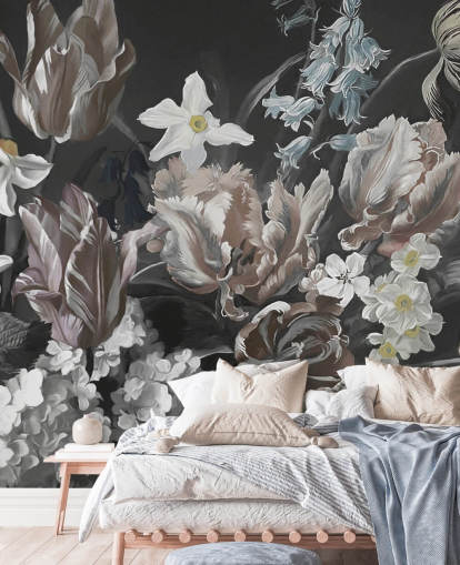 mural de parede floral escuro com buquê de peônias