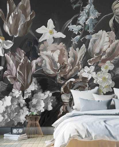 dark floral wall mural with bouquet of peonies