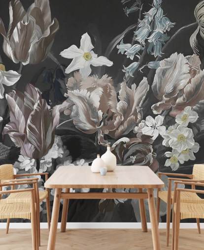 fresque murale florale foncée avec bouquet de pivoines