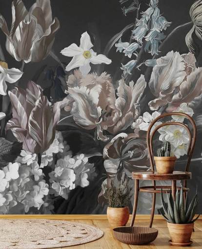 mural de pared floral oscuro con ramo de peonías