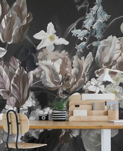 dark floral wall mural with bouquet of peonies