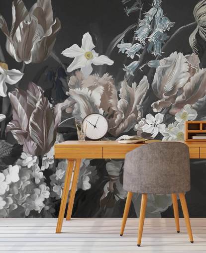 dark floral wall mural with bouquet of peonies