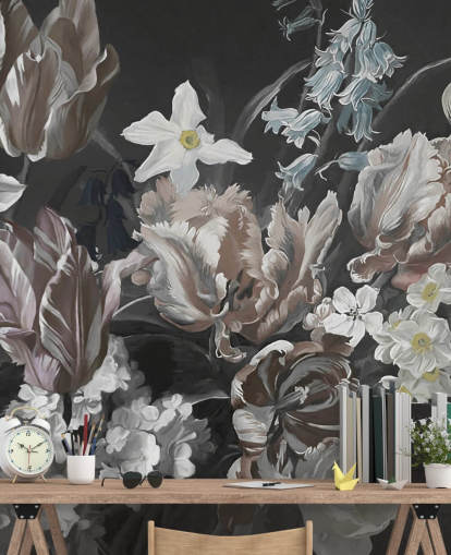 dunkles florales Wandbild mit Strauß Pfingstrosen