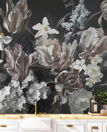 mural de parede floral escuro com buquê de peônias